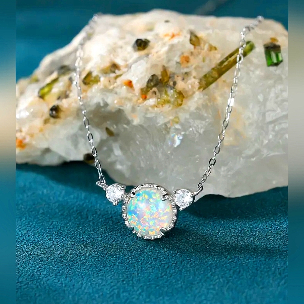 Round Opal & CZs Necklace